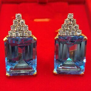 Blue Topaz Clip Earrings with Diamonds and 14KT Yellow Gold